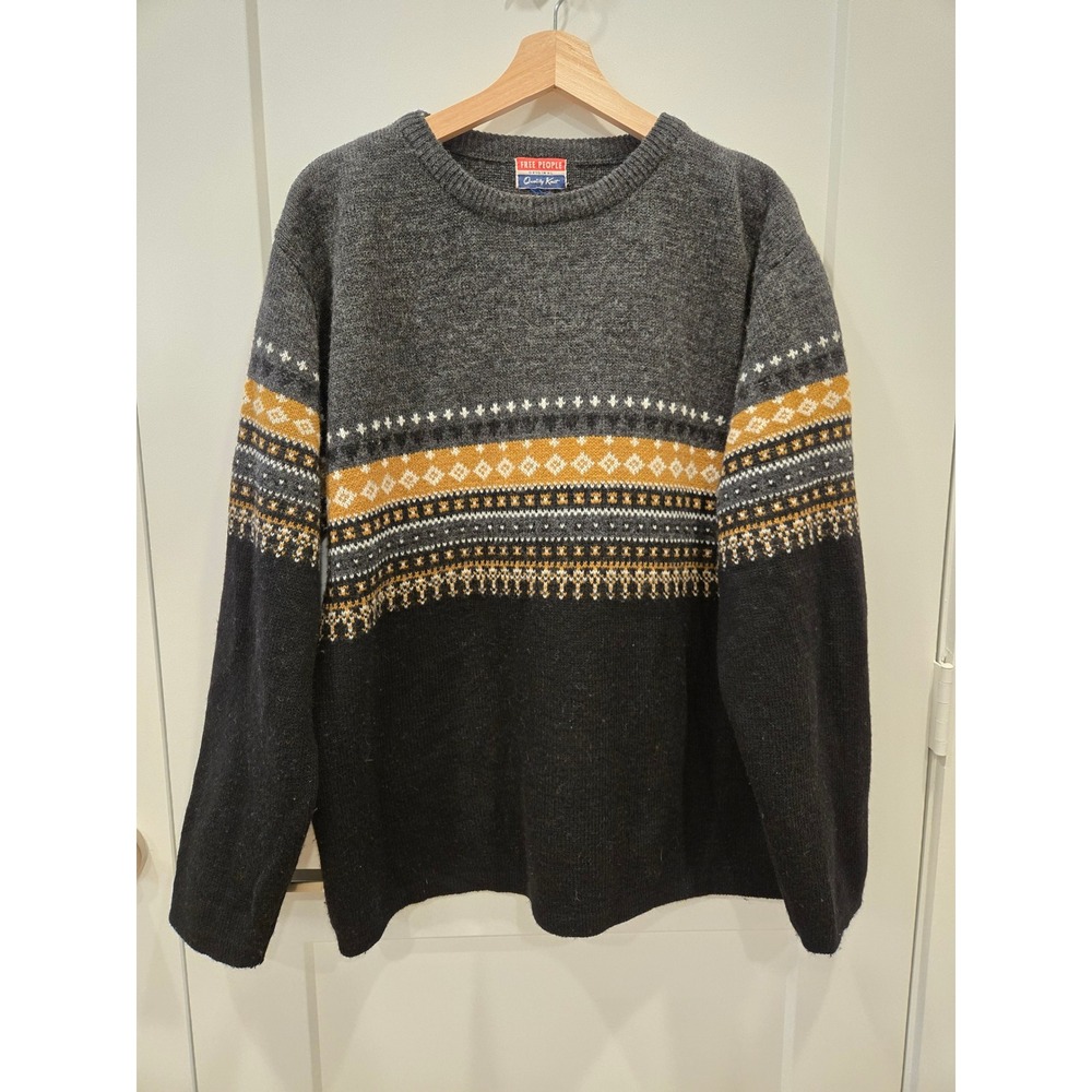 Free People Original Quality Knit Fair Isle Sweater Gray Black Mustard Vintage